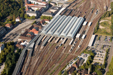 Track progress and building of the main station of the railway in Karlsruhe in the state Baden-Wurttemberg from a drone