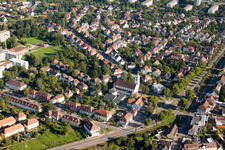 Aerial view of Rüppur, Catholic Christ the King Church in the district Rüppurr in Karlsruhe in the state Baden-Wuerttemberg, Germany