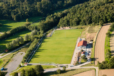 Drone recording of Pneuhage Stadium in the district Auerbach in Karlsbad in the state Baden-Wuerttemberg, Germany