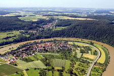 Village on the river bank areas Neckar in the district Moertelstein in Binau in the state Baden-Wurttemberg