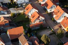 In the stork's nest in Erlenbach bei Kandel in the state Rhineland-Palatinate, Germany seen from above