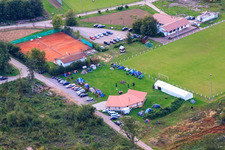 Aerial photograpy of Sports festival at the football field Steinweiler in Steinweiler in the state Rhineland-Palatinate, Germany