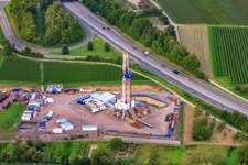 Aerial view of Construction site for drilling the geothermal plant on the A65, 2nd borehole in Insheim in the state Rhineland-Palatinate, Germany