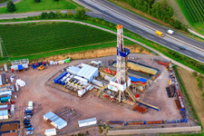 Aerial photograpy of Construction site for drilling the geothermal plant on the A65, 2nd borehole in Insheim in the state Rhineland-Palatinate, Germany