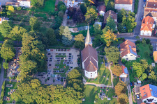 Aerial view of Protest. Church at the cemetery in Insheim in the state Rhineland-Palatinate, Germany