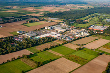 Oblique view of Bruchwiesenstraße industrial area with Hornbach hardware store in the district Dreihof in Bornheim in the state Rhineland-Palatinate, Germany