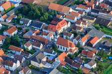 Church of St. Martin in the district Mörlheim in Landau in der Pfalz in the state Rhineland-Palatinate, Germany from above