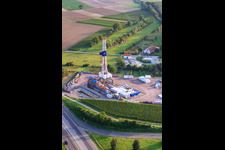Aerial photograpy of Construction site for the 2nd drilling at the geothermal plant on the A65 in Insheim in the state Rhineland-Palatinate, Germany