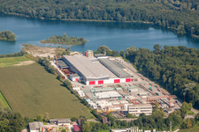 Aerial view of Mixed concrete and building materials factory of Betonfertigteilewerk Linkenheim GmbH & Co. KG in Linkenheim-Hochstetten in the state Baden-Wurttemberg, Germany