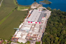 Aerial photograpy of Mixed concrete and building materials factory of Betonfertigteilewerk Linkenheim GmbH & Co. KG in Linkenheim-Hochstetten in the state Baden-Wurttemberg, Germany