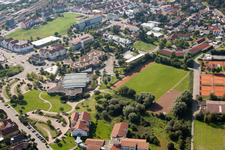 Aerial view of Sports fields in the district Graben in Graben-Neudorf in the state Baden-Wuerttemberg, Germany