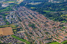 Aerial photograpy of City view from the northeast in the district Neureut in Karlsruhe in the state Baden-Wuerttemberg, Germany
