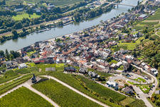 Aerial view of Village on the river bank areas of the river Mosel in Wormeldange in Grevenmacher, Luxembourg