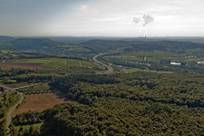 A8 motorway exit near Schengen, Cattenom nuclear power plant in the background in the district Borg in Perl in the state Saarland, Germany