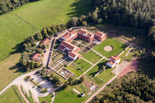 Aerial view of Exposure of archaeological excavation sites on the area of the Archaeological park Roman Villa Borg in Perl in the state Saarland, Germany