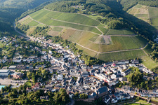 Aerial view of Village on the river bank areas of the Saar in Saarburg in the state Rhineland-Palatinate