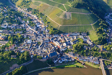 Aerial view of Old town under the vineyards in the district Beurig in Saarburg in the state Rhineland-Palatinate, Germany