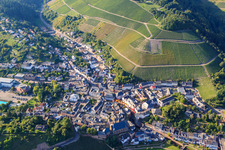 Aerial photograpy of Old town under the vineyards in the district Beurig in Saarburg in the state Rhineland-Palatinate, Germany