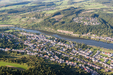 Aerial view of Village on the river bank areas in Wasserliesch in the state Rhineland-Palatinate, Germany