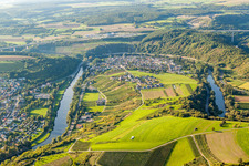 Curved loop of the riparian zones on the course of the river of Sauer on frontier to Luxemburg in the district Mesenich in Langsur in the state Rhineland-Palatinate, Germany
