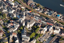 City center with railway in the downtown area on the banks of river course of the Mosel in Wasserbillig in Grevenmacher, Luxembourg