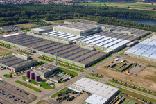 Bird's eye view of Daimler / Mercedes-Benz Global Logistics Center GLC on the island of Grün in Germersheim in the state Rhineland-Palatinate, Germany