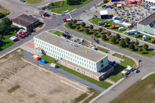 Drone image of Daimler / Mercedes-Benz Global Logistics Center GLC on the island of Grün in Germersheim in the state Rhineland-Palatinate, Germany