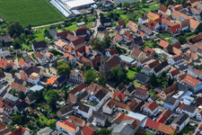 Aerial view of Catholic Church of St. John the Baptist in the district Sondernheim in Germersheim in the state Rhineland-Palatinate, Germany