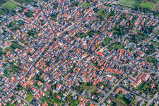 Aerial view of Town View of the streets and houses of the residential areas in Weisenheim am Sand in the state Rhineland-Palatinate, Germany