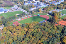 Aerial view of Bienwald Stadium in Kandel in the state Rhineland-Palatinate, Germany