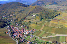 Aerial photograpy of Wine-growing village on the edge of the Haardt from the east in Leinsweiler in the state Rhineland-Palatinate, Germany
