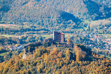 Trifels Castle in Annweiler am Trifels in the state Rhineland-Palatinate, Germany from the drone perspective