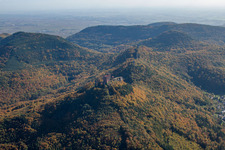 Trifels Castle in Annweiler am Trifels in the state Rhineland-Palatinate, Germany seen from a drone