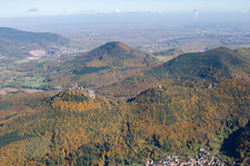 Aerial view of The 4 castles Trifels, Anebos, Jungturm and Münz in Leinsweiler in the state Rhineland-Palatinate, Germany