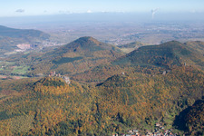 Aerial photograpy of The 4 castles Trifels, Anebos, Jungturm and Münz in Leinsweiler in the state Rhineland-Palatinate, Germany
