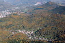 Aerial view of The 3 castles in the district Bindersbach in Annweiler am Trifels in the state Rhineland-Palatinate, Germany