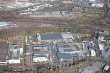 Warehouses and forwarding building SWS-Speditions-GmbH, Otto-street in the district Durlach in Karlsruhe in the state Baden-Wurttemberg seen from above