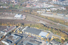 Warehouses and forwarding building SWS-Speditions-GmbH, Otto-street in the district Durlach in Karlsruhe in the state Baden-Wurttemberg viewn from the air