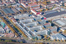 Aerial photograpy of Office building of ENBW Zentrale on Durlacher Allee in the district Oststadt in Karlsruhe in the state Baden-Wurttemberg, Germany