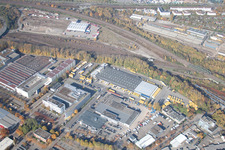 Oblique view of Warehouses and forwarding building SWS-Speditions-GmbH, Otto-street in the district Durlach in Karlsruhe in the state Baden-Wurttemberg