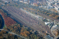 Aerial photograpy of Freight station in the district Südstadt in Karlsruhe in the state Baden-Wuerttemberg, Germany