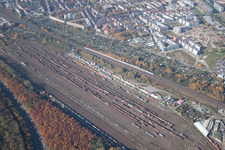 Oblique view of Freight station in the district Südstadt in Karlsruhe in the state Baden-Wuerttemberg, Germany