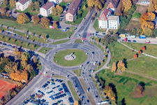 Traffic management of the non-roundabout circle road-crossing Kriegsstrasse, Wolfahrtsweierer Strasse and Stuttgarter Strasse in the district Suedstadt in Karlsruhe in the state Baden-Wurttemberg, Germany