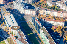 Aerial view of Street - road guidance of Ludwig-Erhard-Allee with Scheck-In Center, Volksbank Karlsruhe eG - Hauptverwaltung, Friedrich-List-Schule in the district Oststadt in Karlsruhe in the state Baden-Wurttemberg, Germany