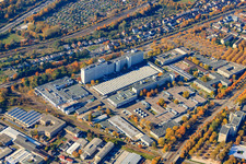 Siemens AG, manufacturing and development site Karlsruhe in the district Knielingen in Karlsruhe in the state Baden-Wuerttemberg, Germany from the plane