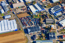 Aerial photograpy of Industrial area Industriestraße with AG AUTOMOBILE VEHICLE PREPARATION - TIRE SERVICE - VEHICLE PURCHASE STATION - CAR DEALERSHIP - REGISTRATION SERVICE in Hagenbach in the state Rhineland-Palatinate, Germany