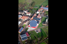 Aerial photograpy of Panel rows of photovoltaic turnable roof of a stable in the district Deutschhof in Kapellen-Drusweiler in the state Rhineland-Palatinate