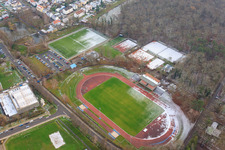 Aerial view of Bienwald Stadium with some snow in Kandel in the state Rhineland-Palatinate, Germany