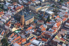 Aerial view of Christmas market at the Plätzl and around St. George's Church in Kandel in the state Rhineland-Palatinate, Germany