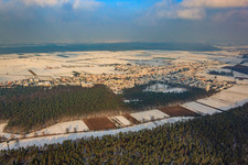 Panorama of the town view from the southwest in winter with snow in Hatzenbühl in the state Rhineland-Palatinate, Germany